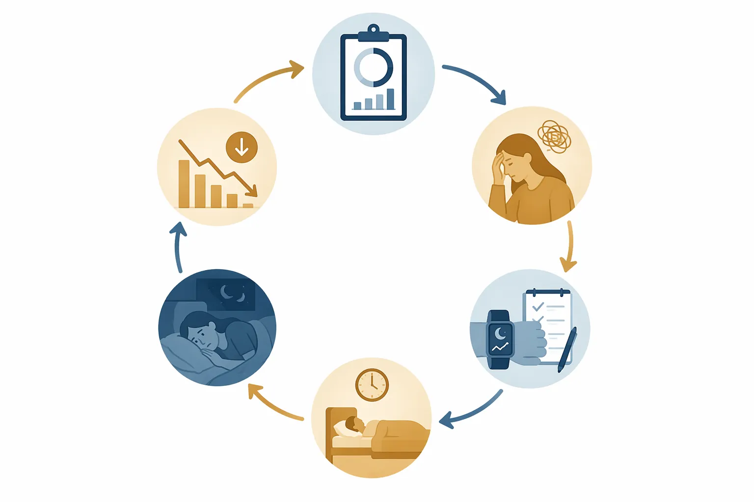 Circular diagram showing the orthosomnia feedback loop from sleep score concern to increased monitoring and harder sleep
