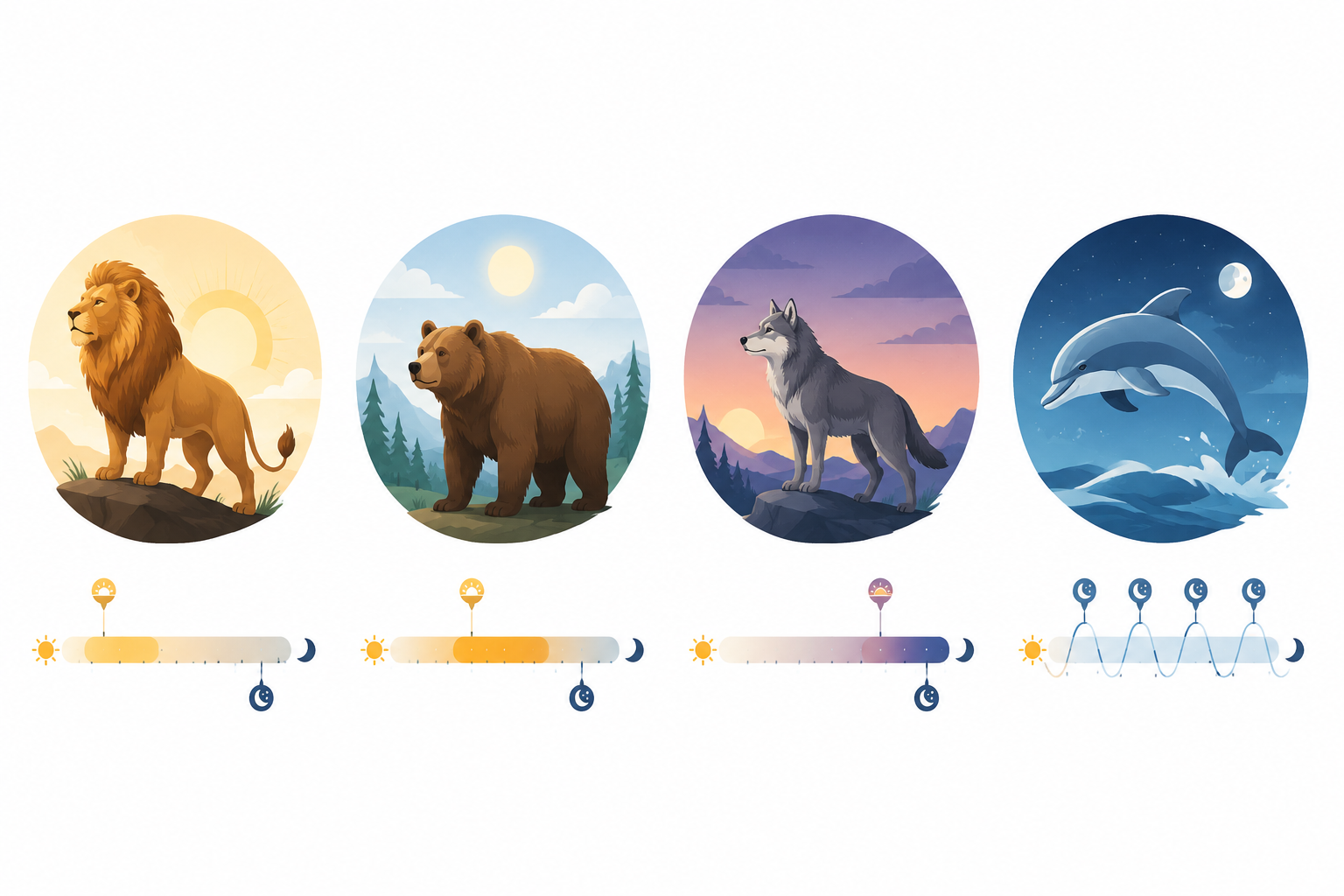 Four chronotype animal icons showing lion, bear, wolf, and dolphin sleep-wake patterns