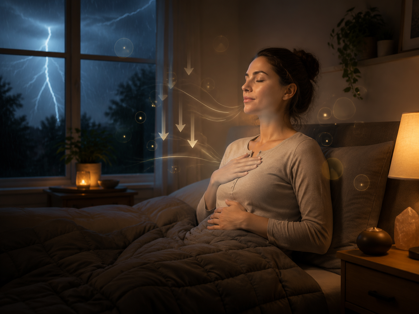 A person sitting in bed under a weighted blanket practicing deep breathing during a thunderstorm