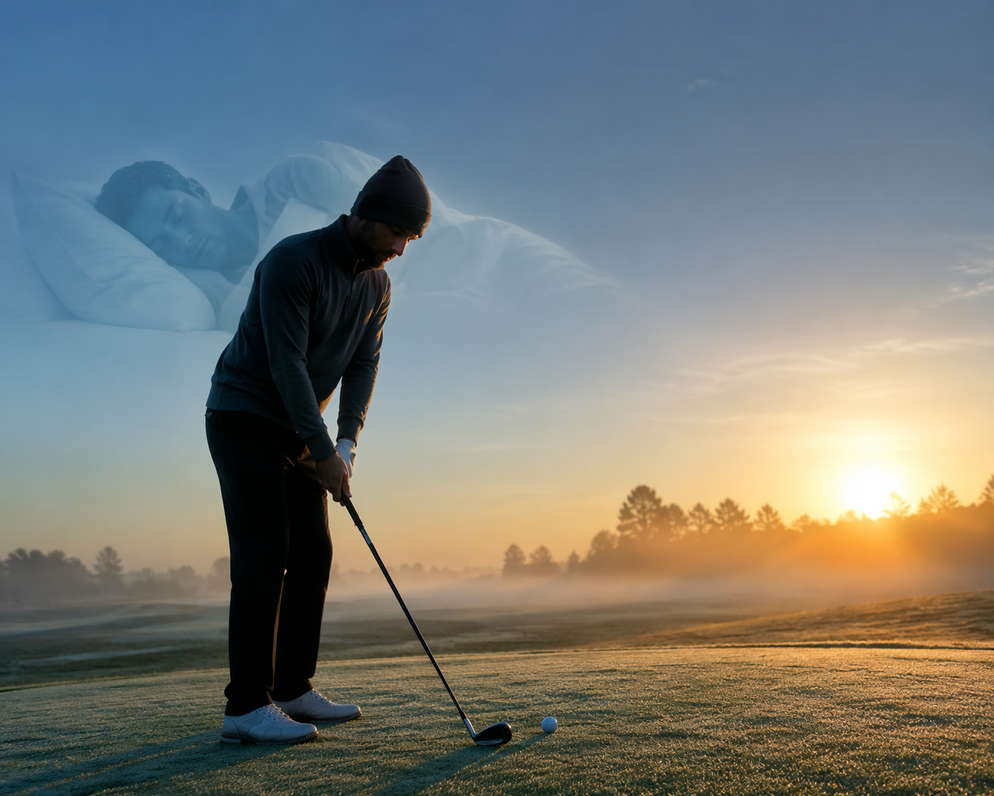 Misty dawn golf course with a golfer on the first tee and a faint sleeping silhouette behind him