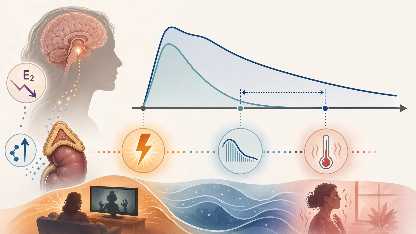 Illustration of estrogen decline, cortisol spike, and slower stress recovery in perimenopause