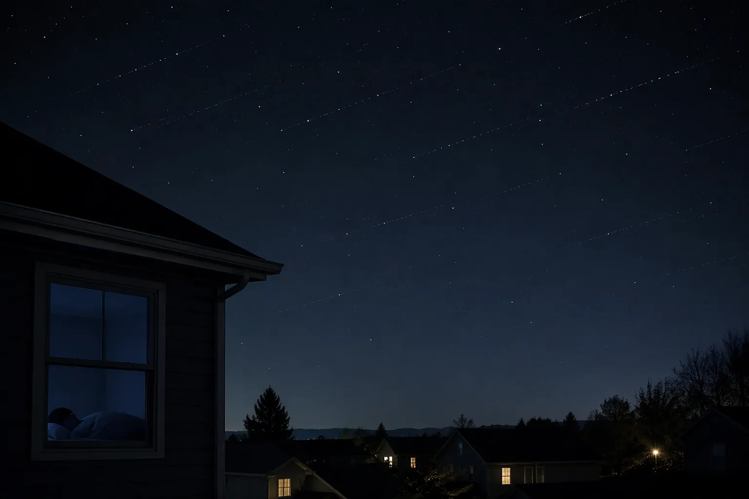 A quiet sleeping neighborhood under a subtly brighter night sky with faint satellite trails overhead