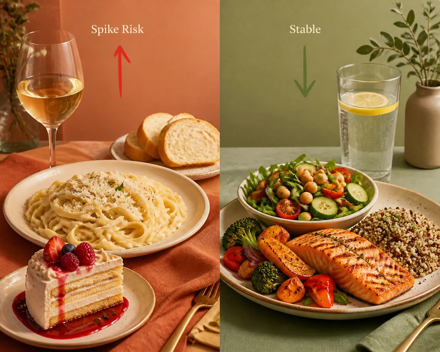 Comparison of a spike-risk dinner with refined carbohydrates and wine versus a stable dinner with salmon, vegetables, quinoa, chickpeas, and water