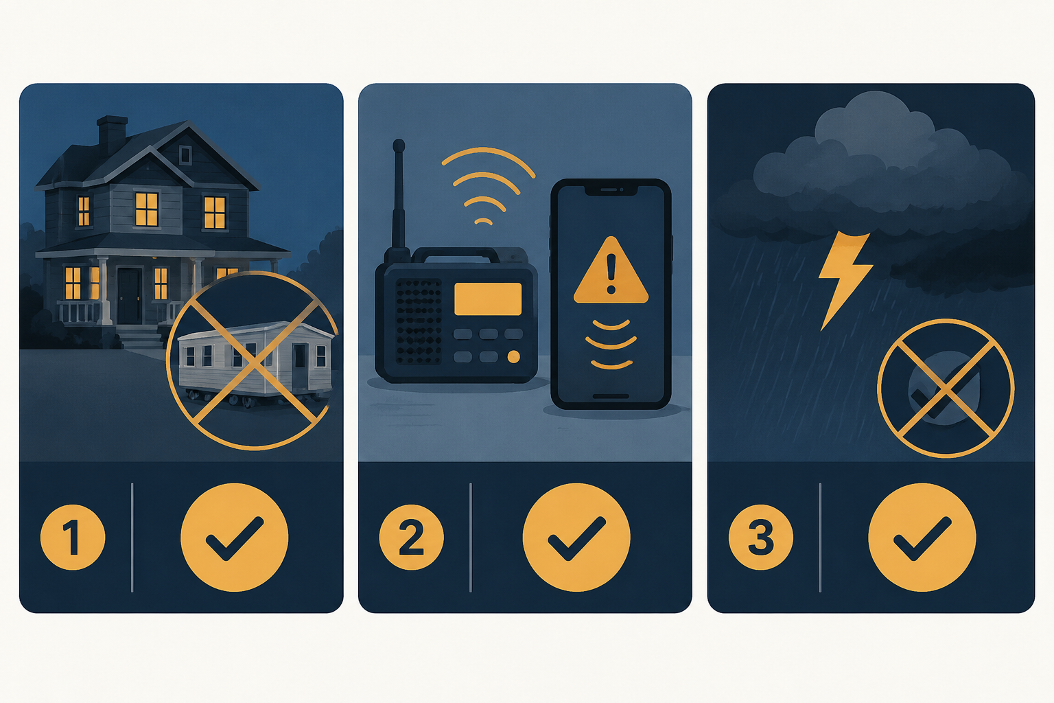 Three-part tornado watch sleep decision guide showing adequate housing, two independent alert systems, and no severe weather already present