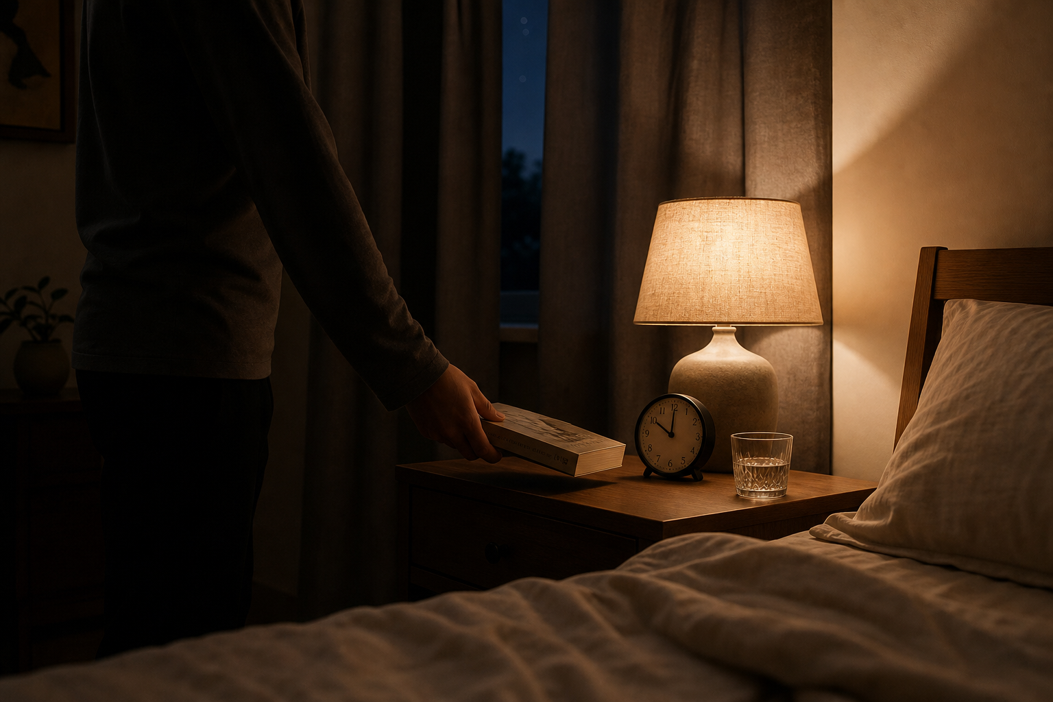 A calm, dimly lit bedroom showing a person placing a book on a nightstand beside an analog clock reading 10:00 PM, a glass of water, and a warm amber lamp, with blackout curtains partially drawn.
