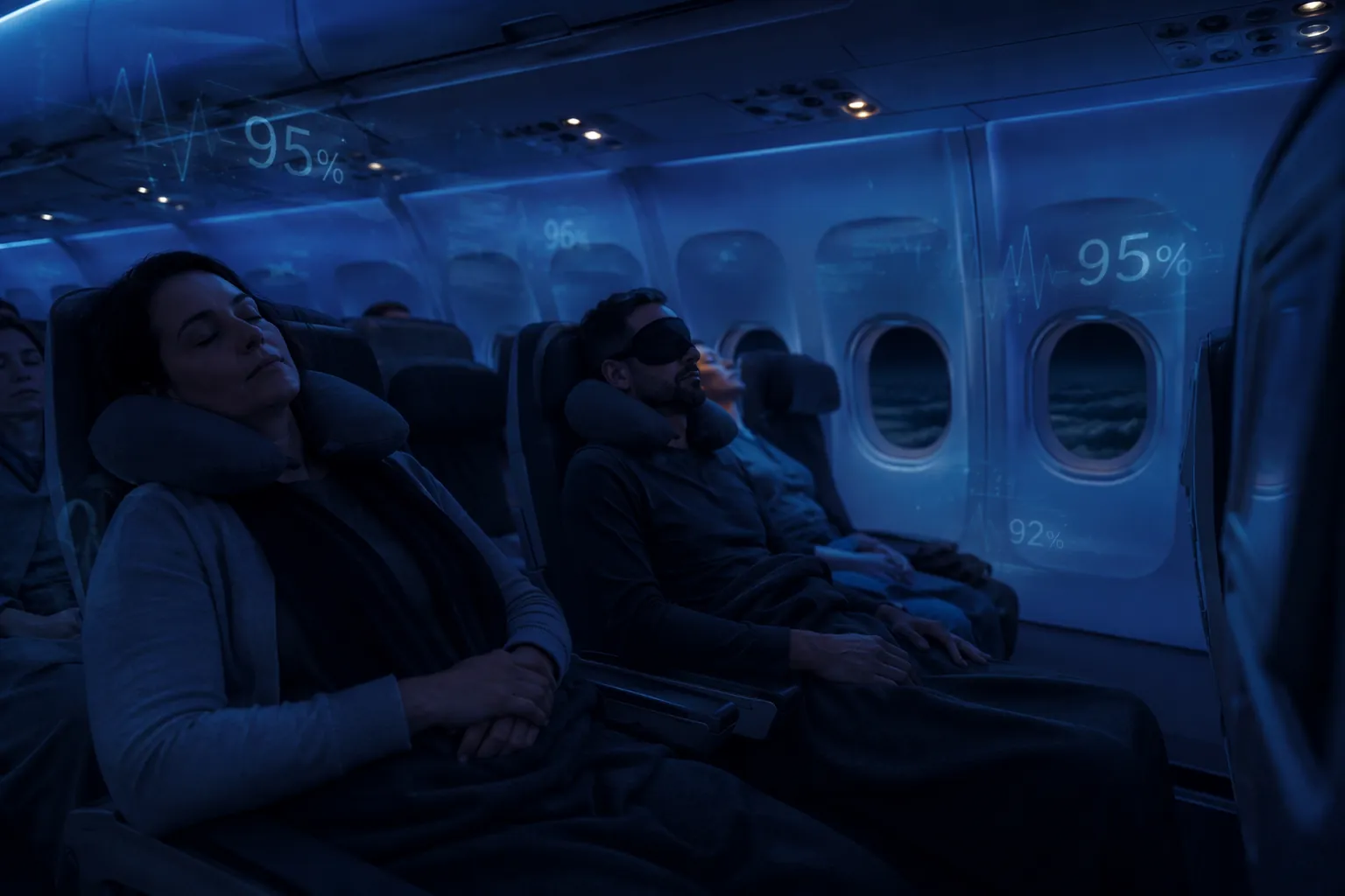 Dimly lit aircraft cabin at night with sleeping passengers under blue cabin lighting
