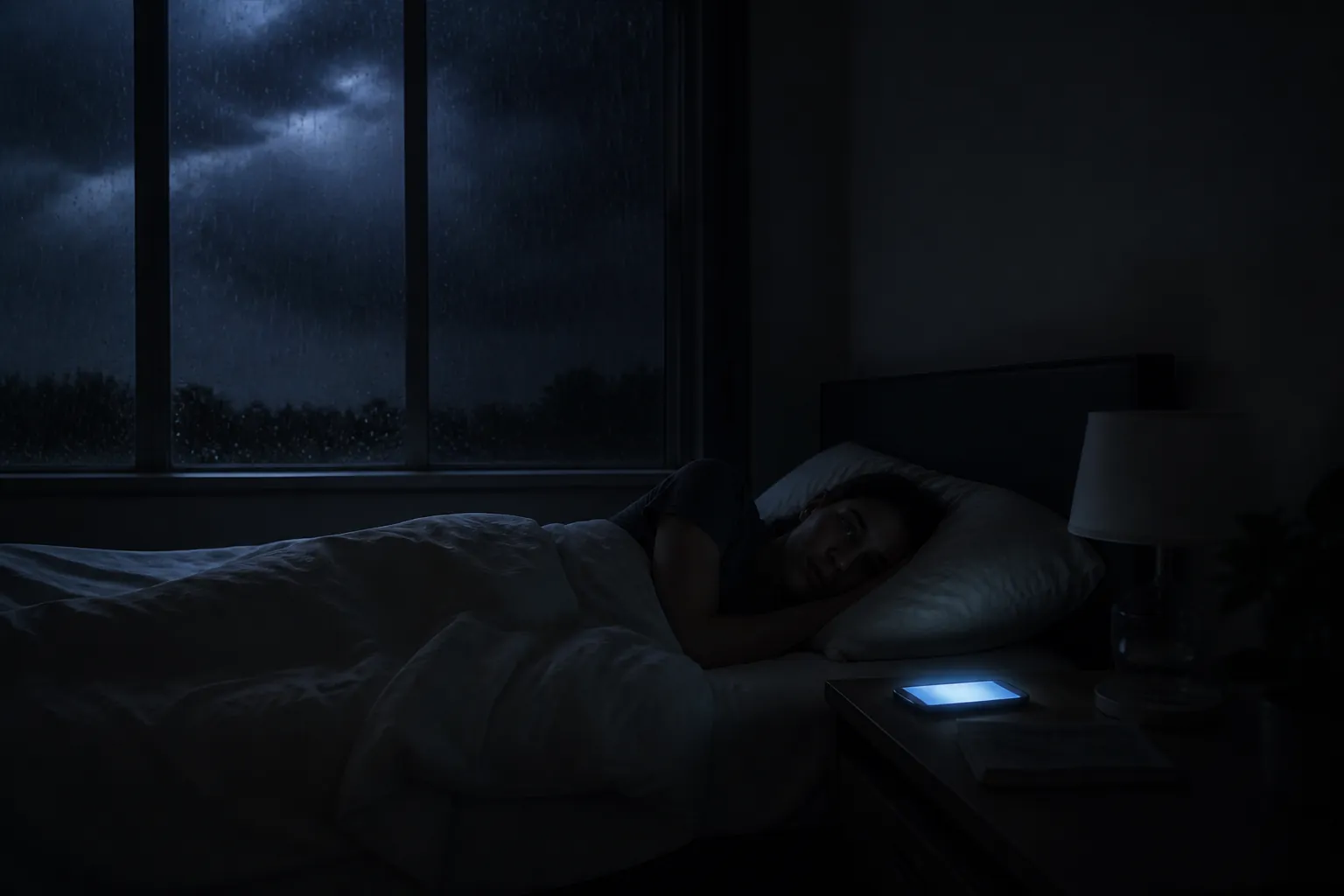 Person lying awake in a dim bedroom as a phone alert glows during a storm