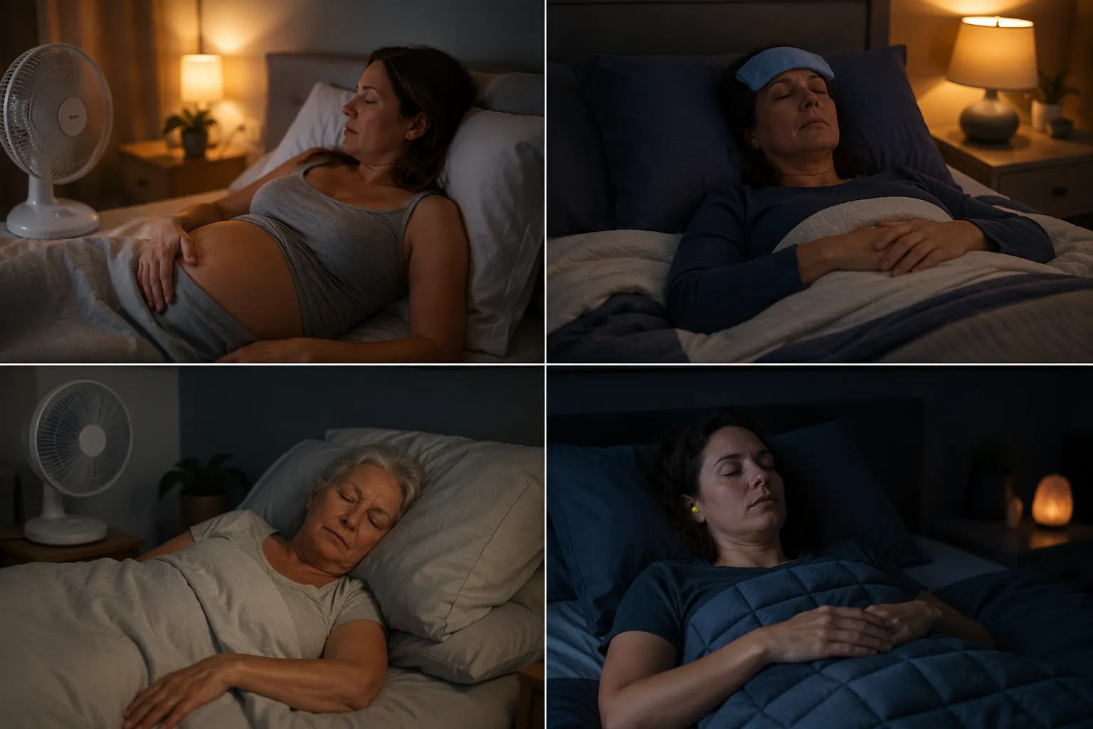 Four night scenes showing cooling approaches for pregnancy, perimenopause, older adulthood, and ADHD during hot sleep conditions