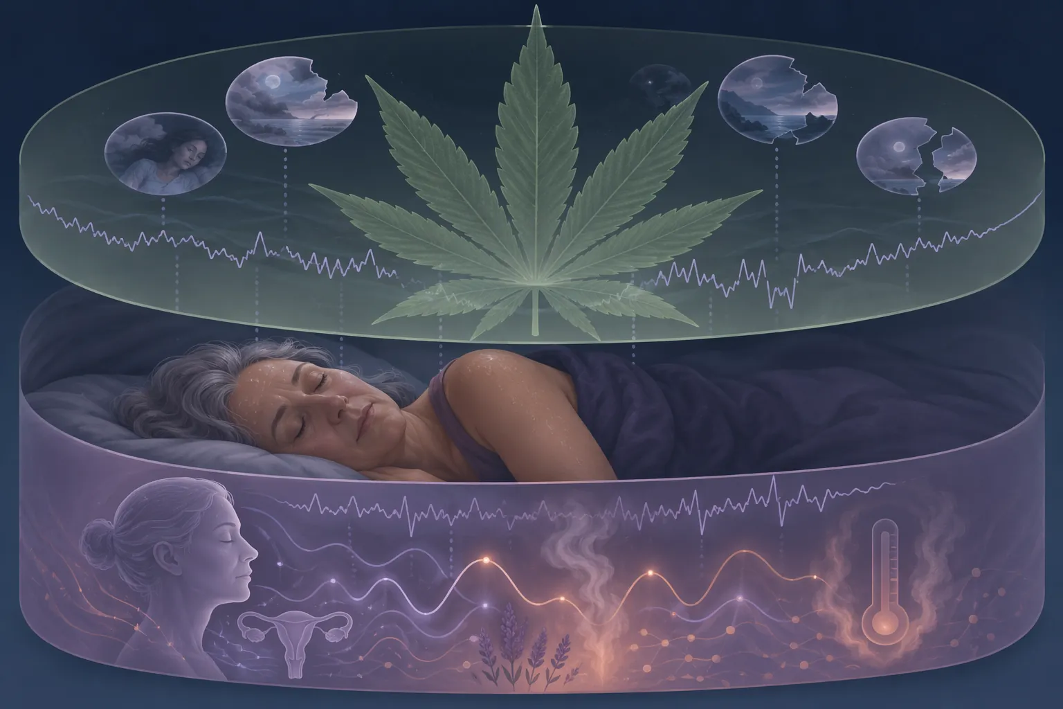 Layered illustration of disrupted sleep patterns, menopause imagery, and a translucent cannabis leaf