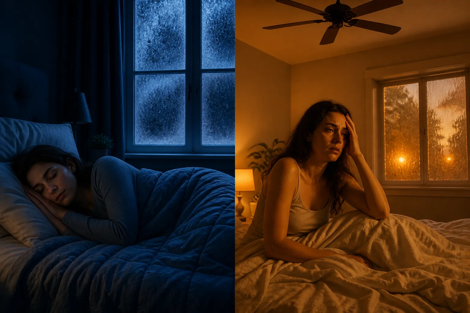 A split scene contrasts a cool winter bedroom where a woman sleeps peacefully with a warm summer bedroom where she lies awake