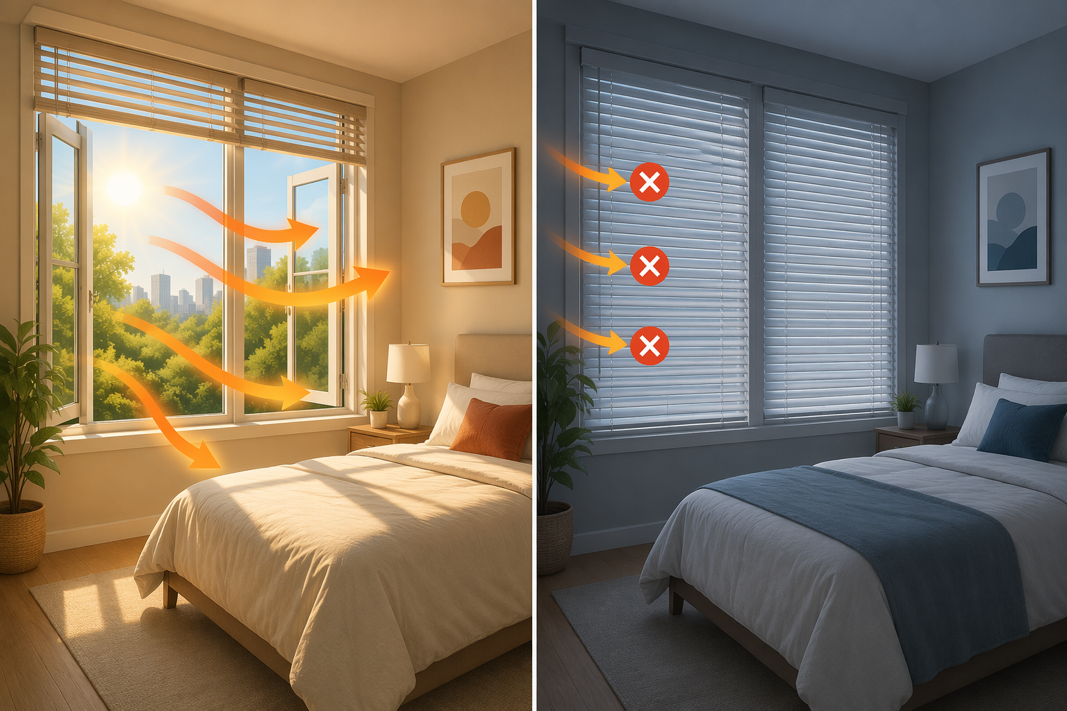 Split comparison showing daytime heat entering through open windows and blinds versus closed windows and blinds blocking heat