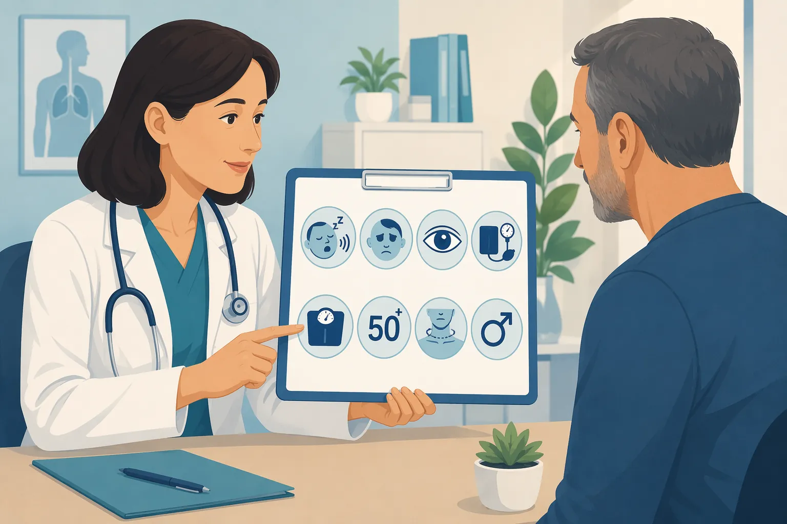 Doctor pointing to a STOP-Bang sleep apnea screening checklist