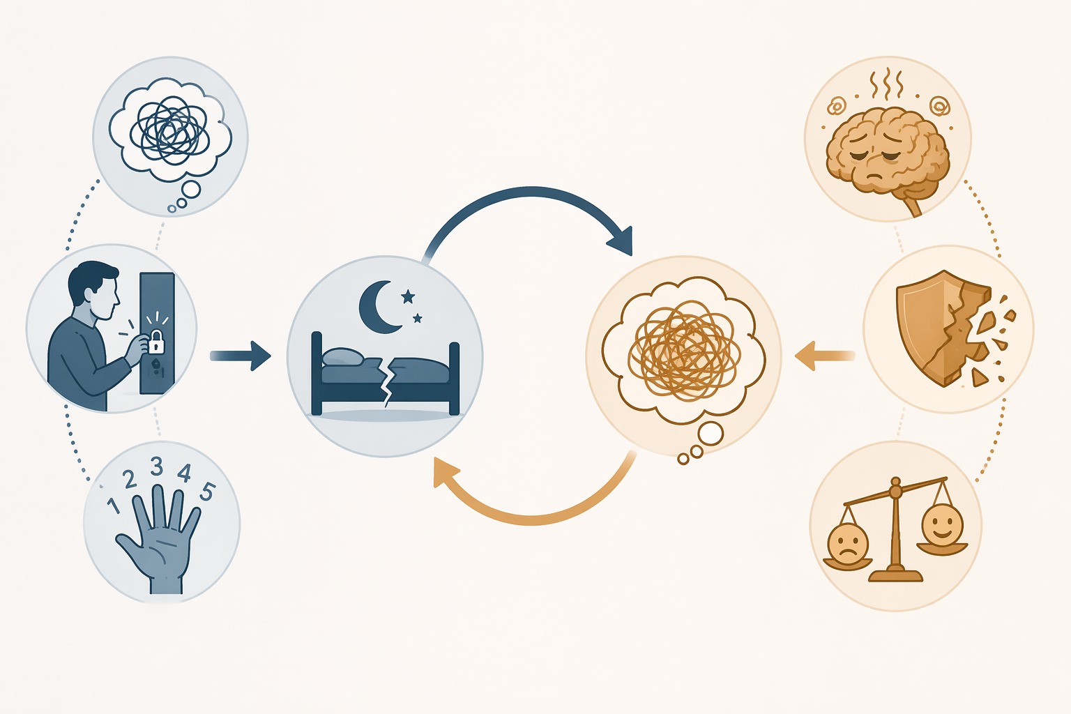 A conceptual diagram of obsessive thoughts and checking feeding poor sleep, with exhausted cognition feeding the thoughts back