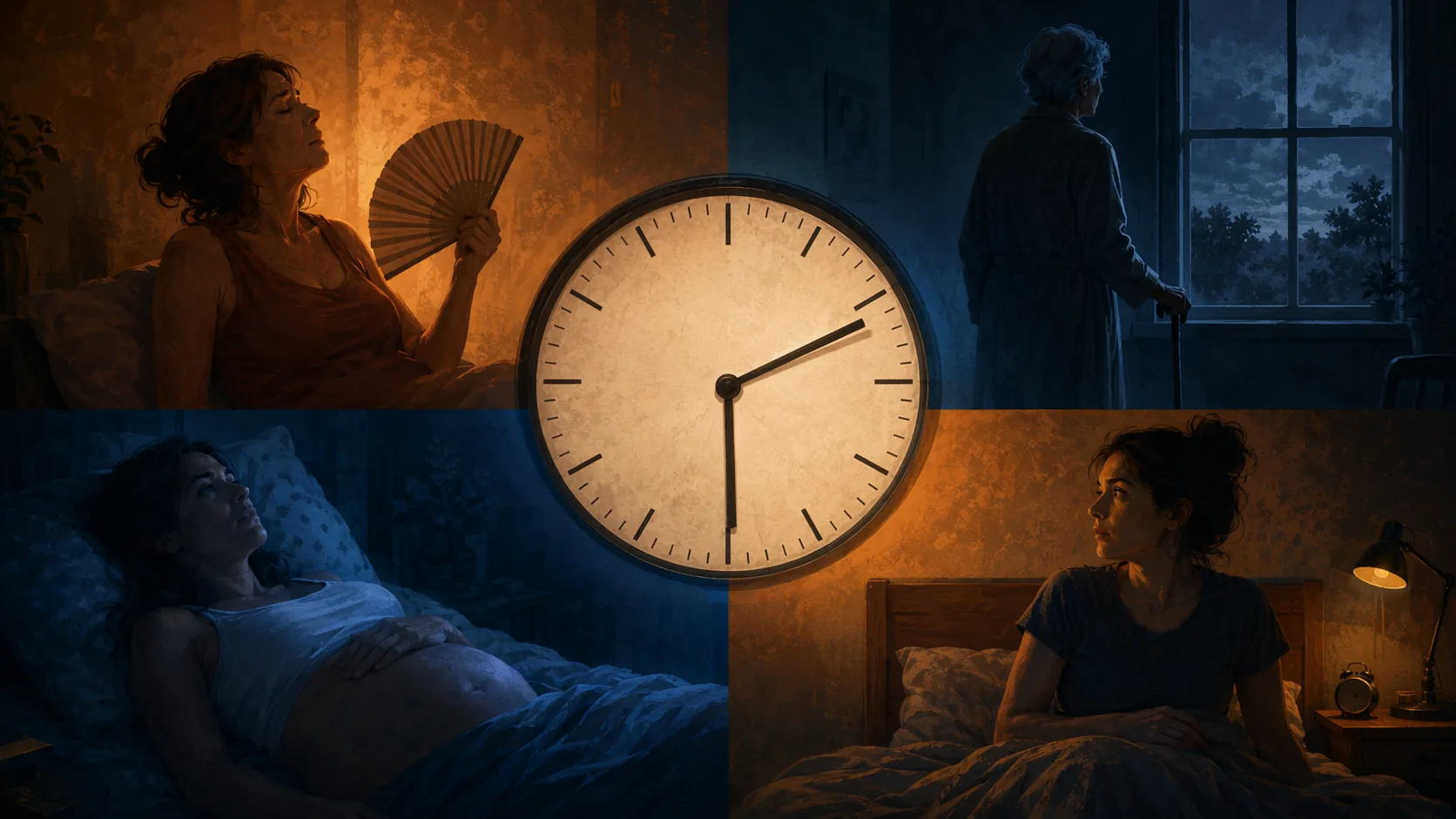 A central clock surrounded by silhouetted sleepers affected differently by cool morning and warm evening light