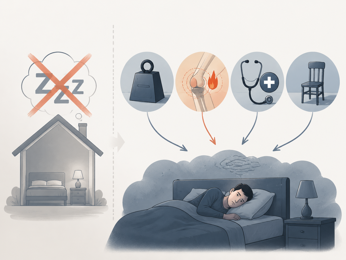 Editorial illustration of a house, a bed, and symbols for depression, pain, illness, and isolation affecting sleep.