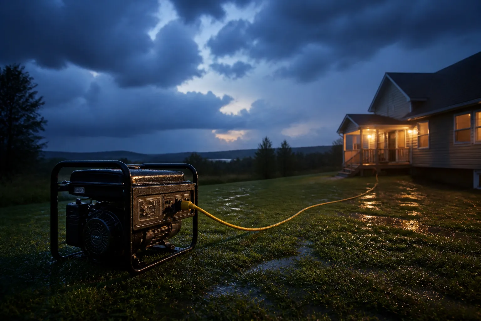 Portable generator outdoors on wet grass, positioned away from the house with exhaust pointed away