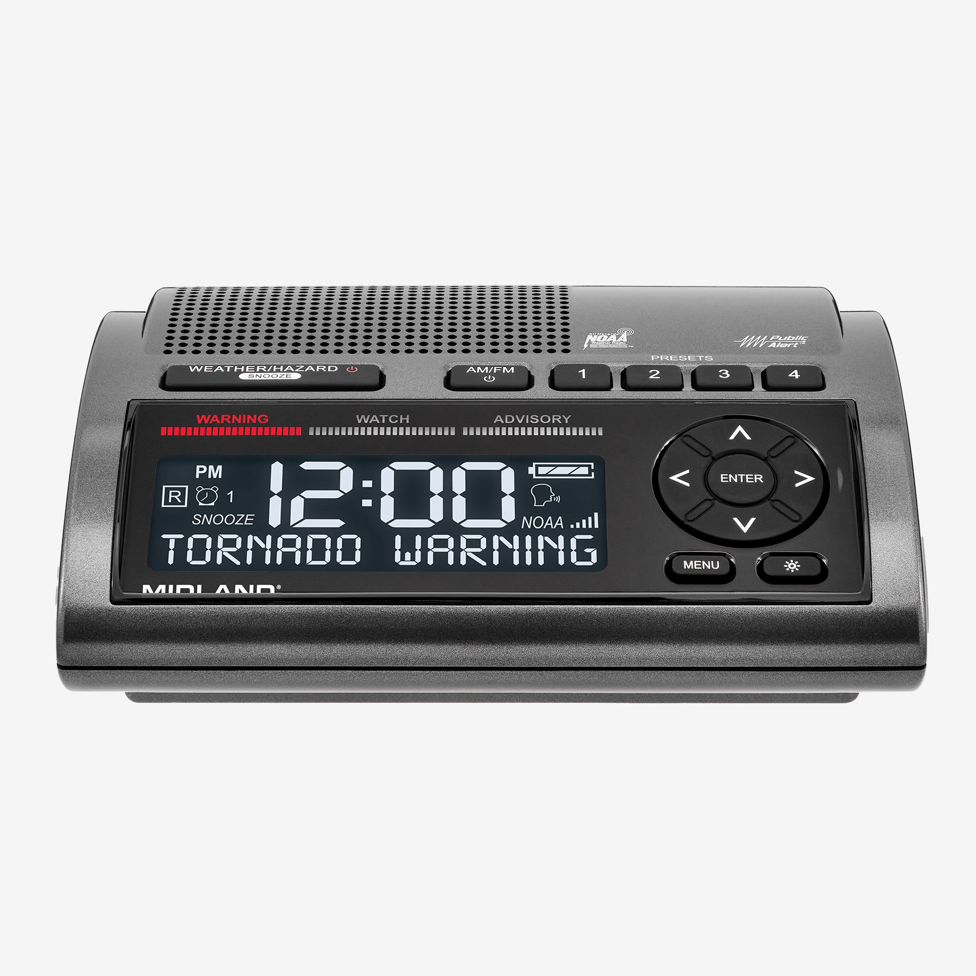 A NOAA Weather Radio receiver with a display, speaker grille, and SAME programming controls on its front panel.