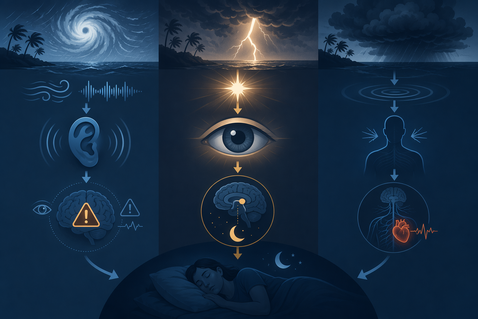 Infographic showing tropical storm sleep disruption through noise, lightning, and nervous system arousal