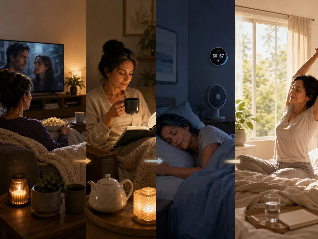 A four-step evening-to-morning timeline showing TV watching, a calm transition, a cool bedroom, and morning daylight