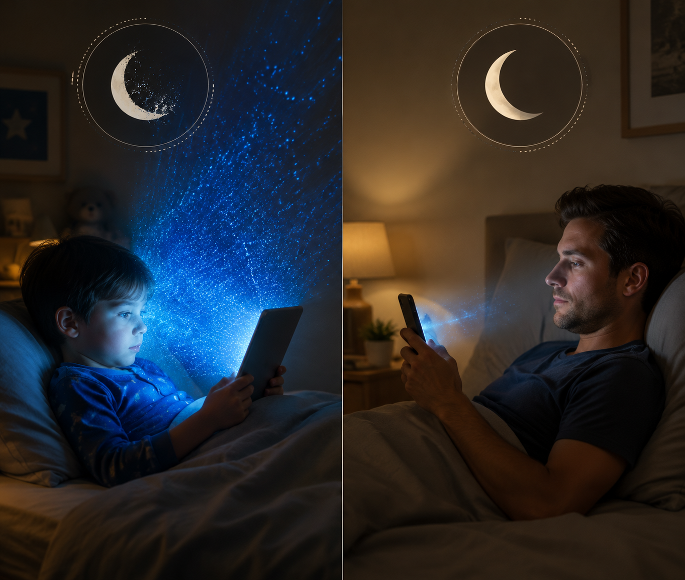 Illustration comparing stronger blue light and melatonin suppression effects in a child than in an adult using screens in bed
