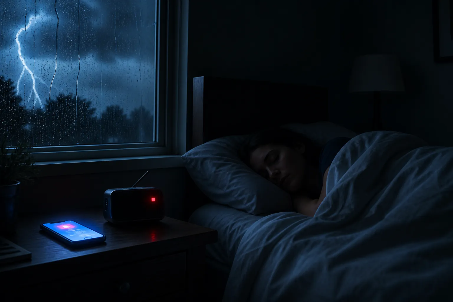 A person sleeping during a nighttime thunderstorm with a phone and weather alert radio on the nightstand