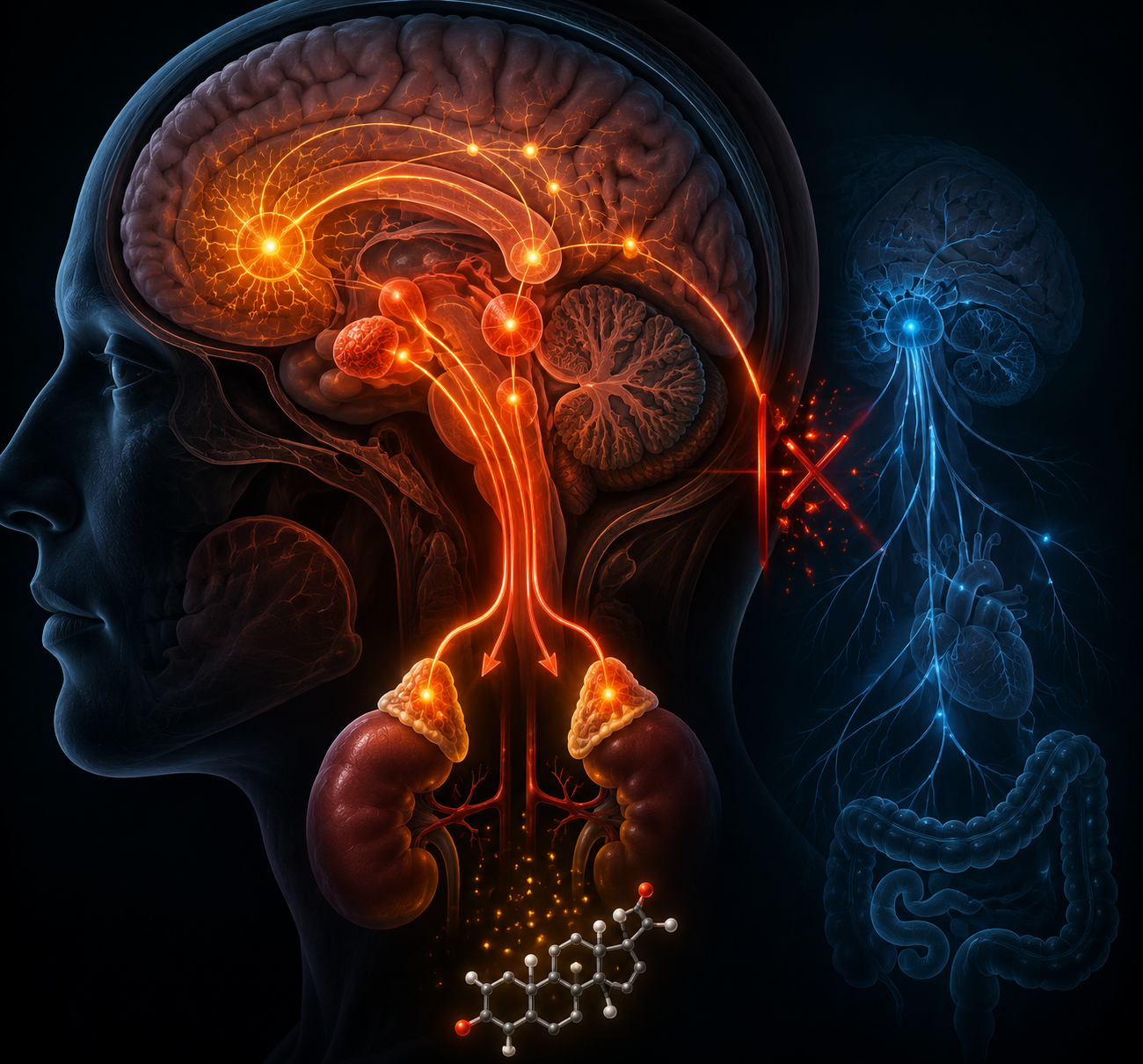 Scientific illustration of the salience network, amygdala, insula, cortisol pathway, and diminished parasympathetic sleep system