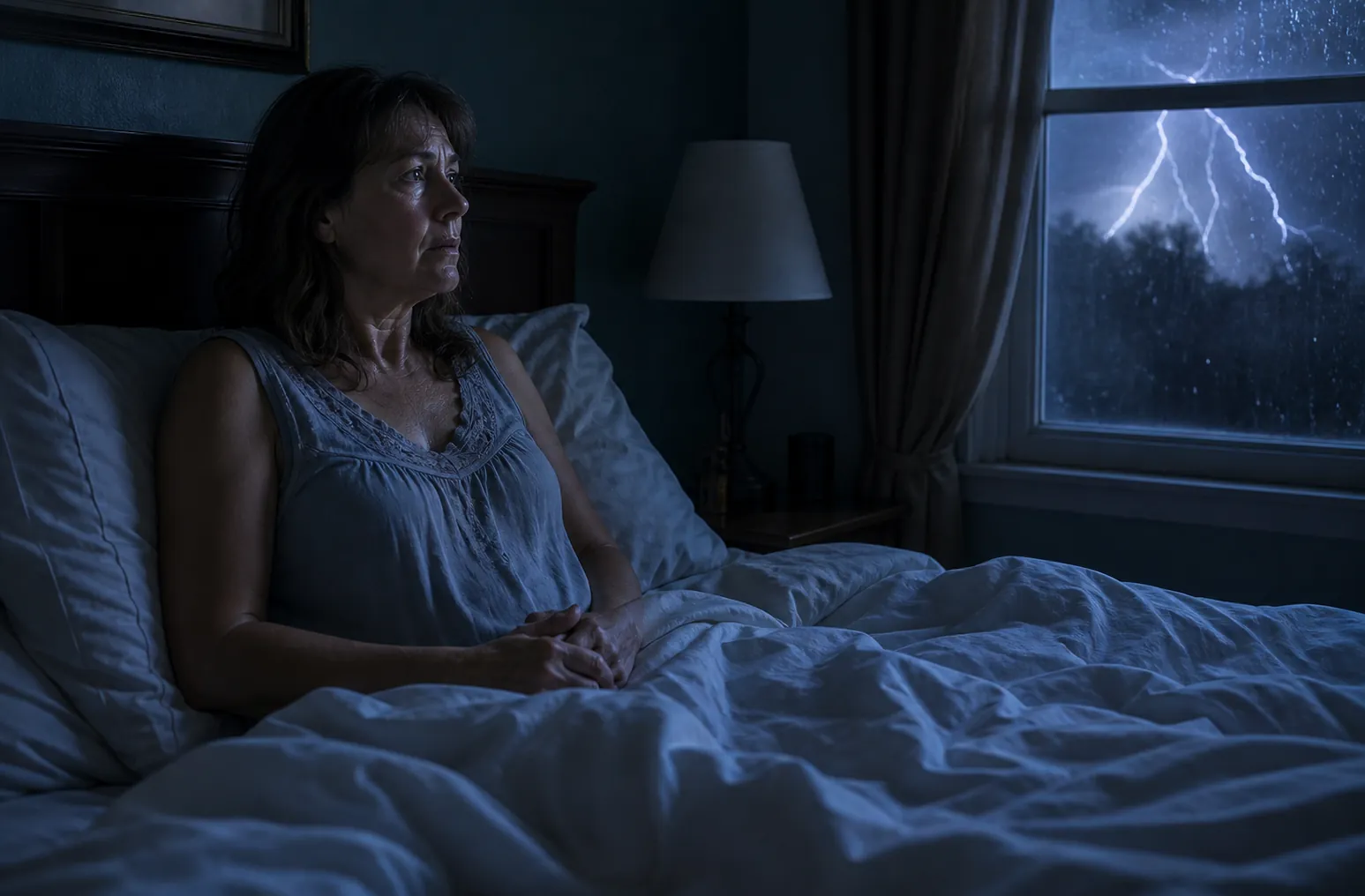 A woman sits awake in a dark bedroom during a thunderstorm