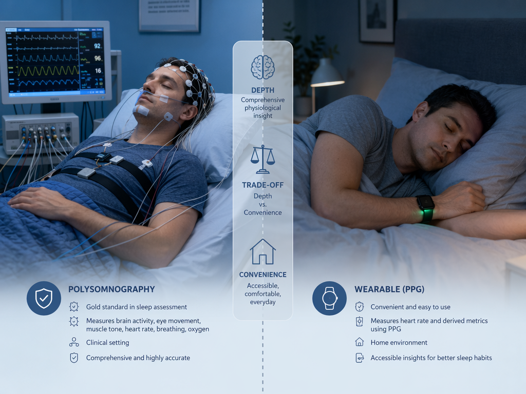Split editorial illustration: left side shows a person in a sleep lab with full polysomnography electrodes on the scalp, face, and chest connected to a monitoring machine; right side shows a person sleeping at home wearing only a smart watch.