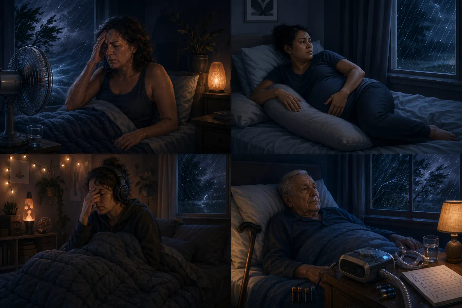 Four people preparing different sleep setups during a storm, including cooling, pregnancy positioning, weighted pressure, and older-adult medical equipment