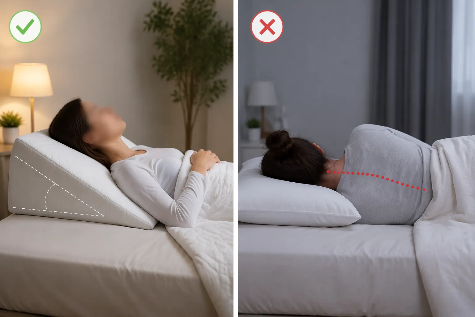 Correct elevated back-sleeping position compared with incorrect flat side-sleeping position