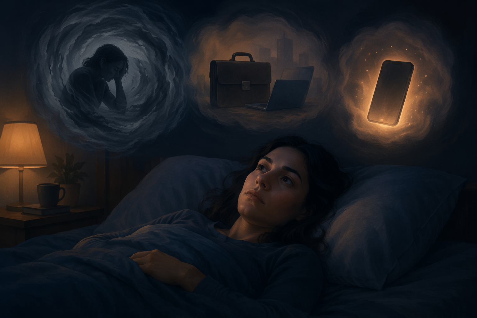 A person awake in bed with symbols for stress, work pressure, and screen use floating nearby
