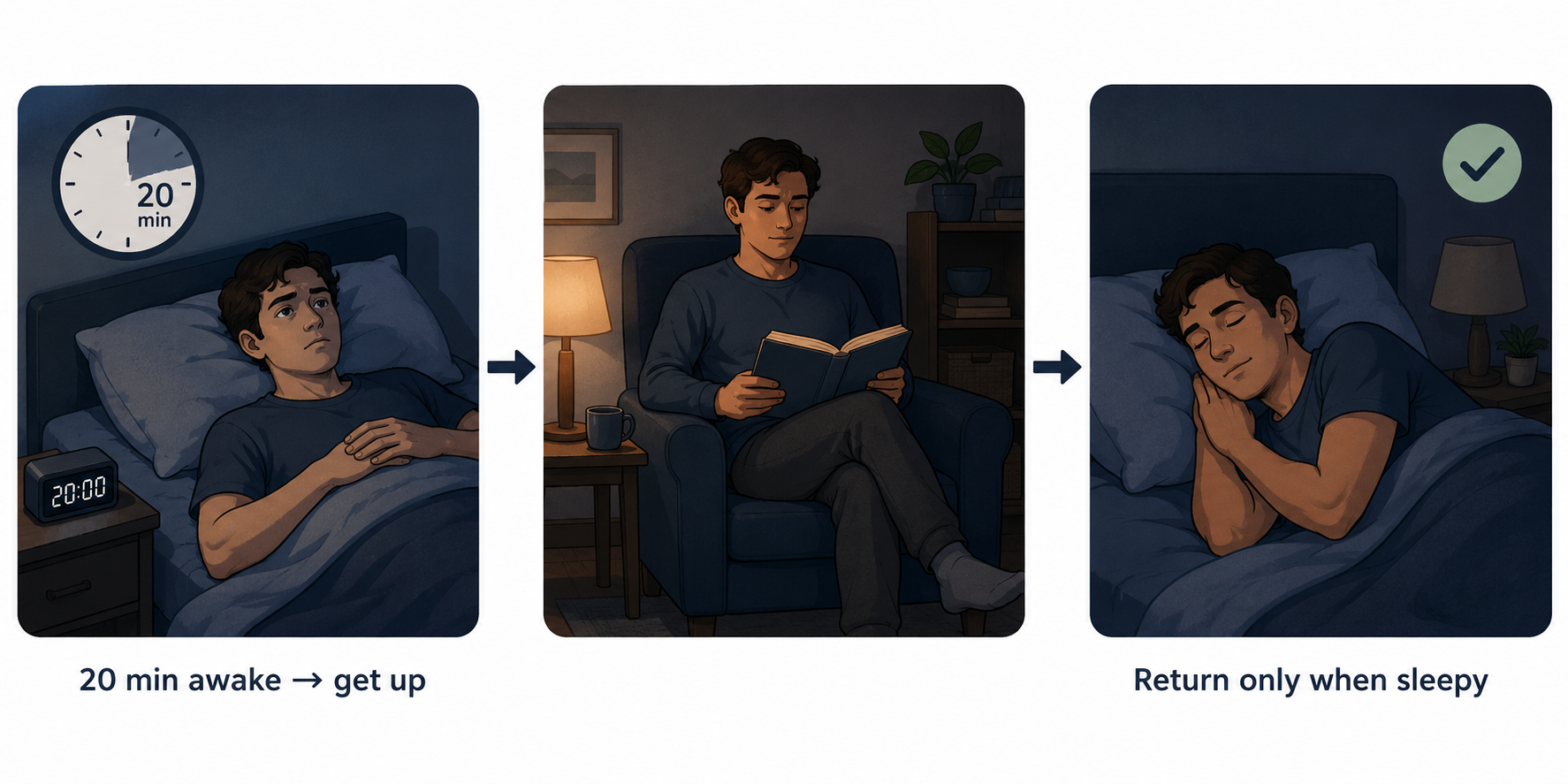 Three-scene timeline of stimulus control showing leaving bed after about 20 minutes awake, reading in dim light, and returning when sleepy