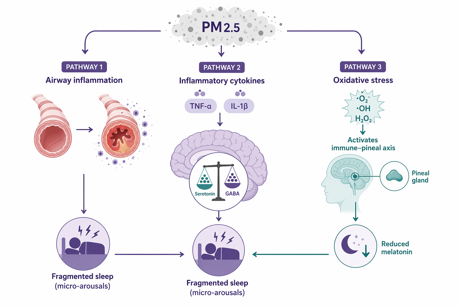 Diagram showing PM2.5 pathways to sleep disruption through airway inflammation, inflammatory neurotransmitter changes, and reduced melatonin