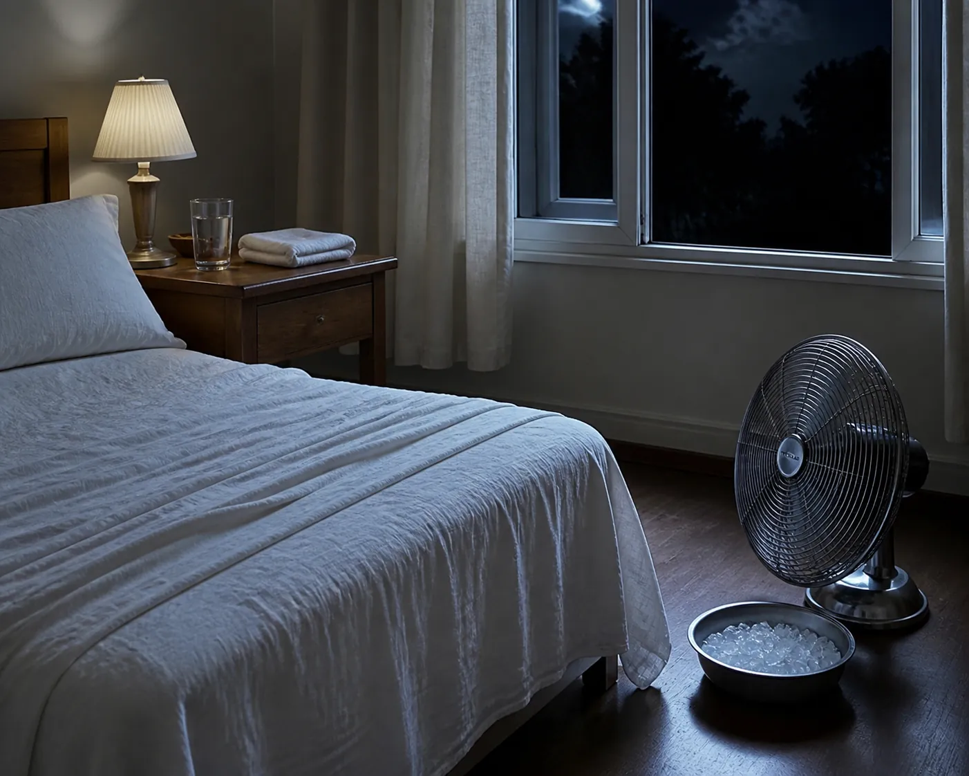 Warm bedroom prepared for sleeping without air conditioning with cotton sheets, a fan facing ice, water, and a damp cloth