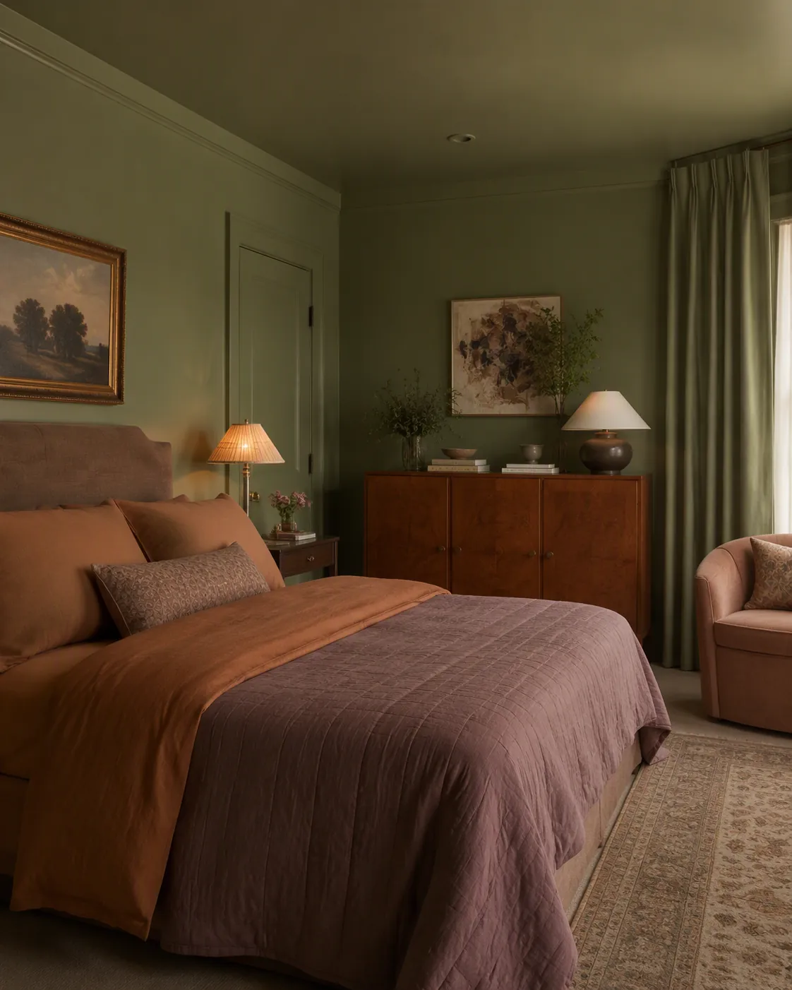 A calm maximalist bedroom with muted sage green walls, layered terracotta and lavender bedding, closed-front storage, and warm ambient lighting