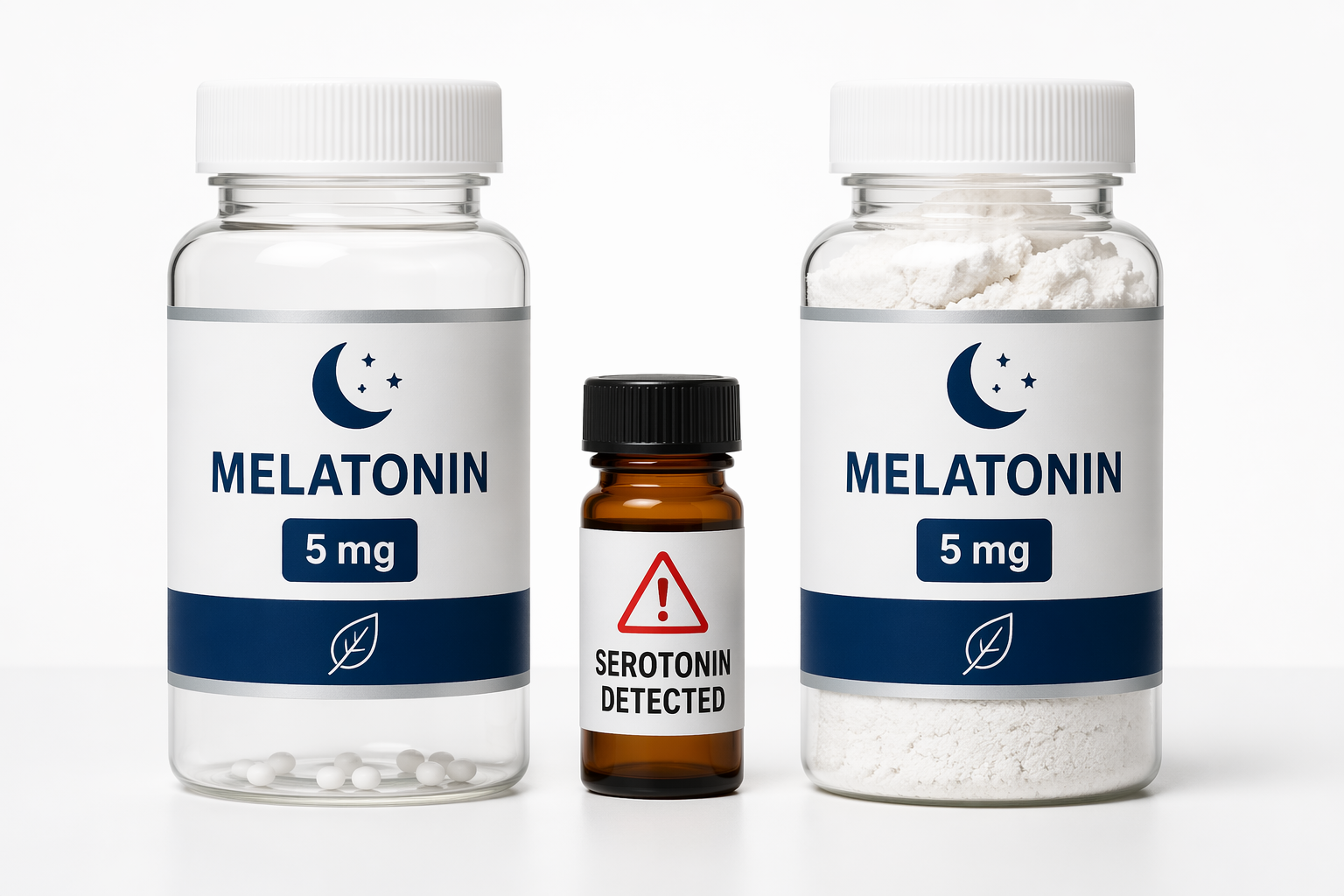 Two melatonin supplement bottles labeled the same dose with visibly different contents and a serotonin warning vial