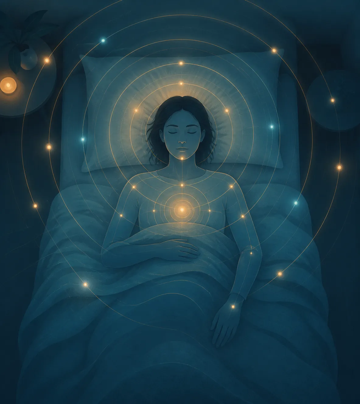 Abstract illustration of a person lying under a blanket while soft glowing rings suggest the nervous system staying alert