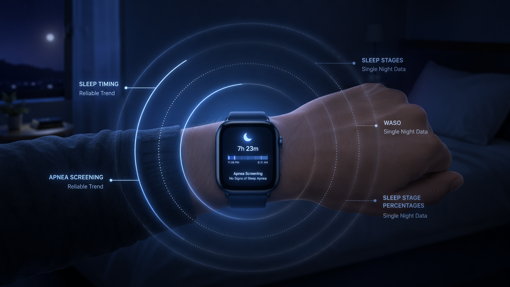 Smartwatch sleep data rings showing reliable trends and less reliable single-night metrics