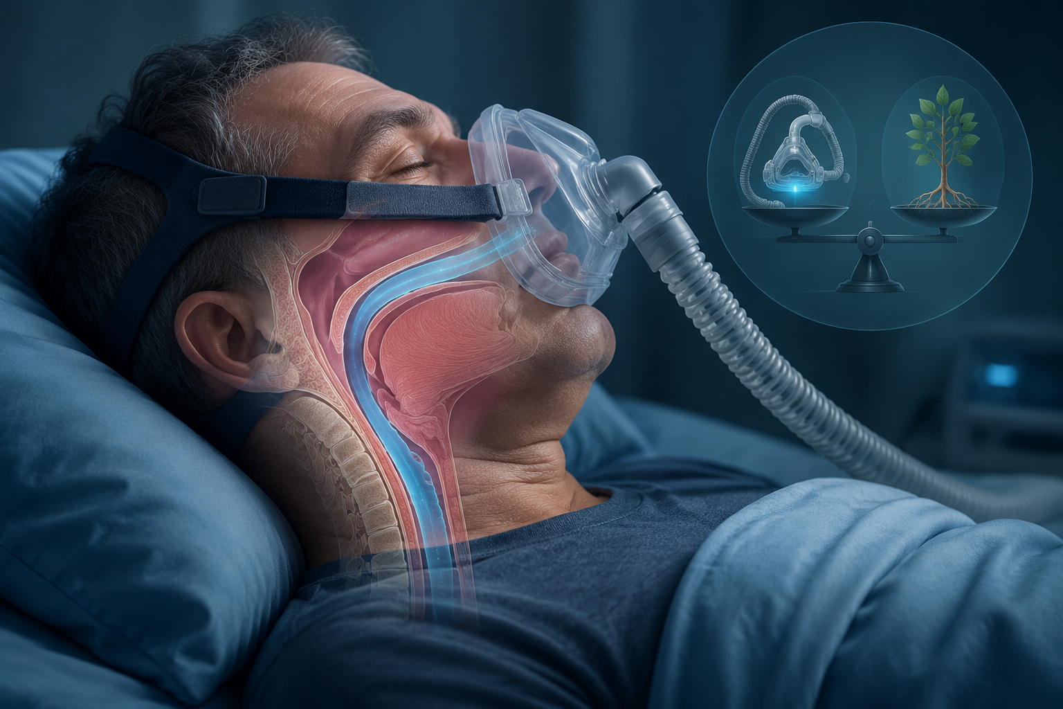 Person sleeping with a CPAP mask while airflow holds a vulnerable upper airway open
