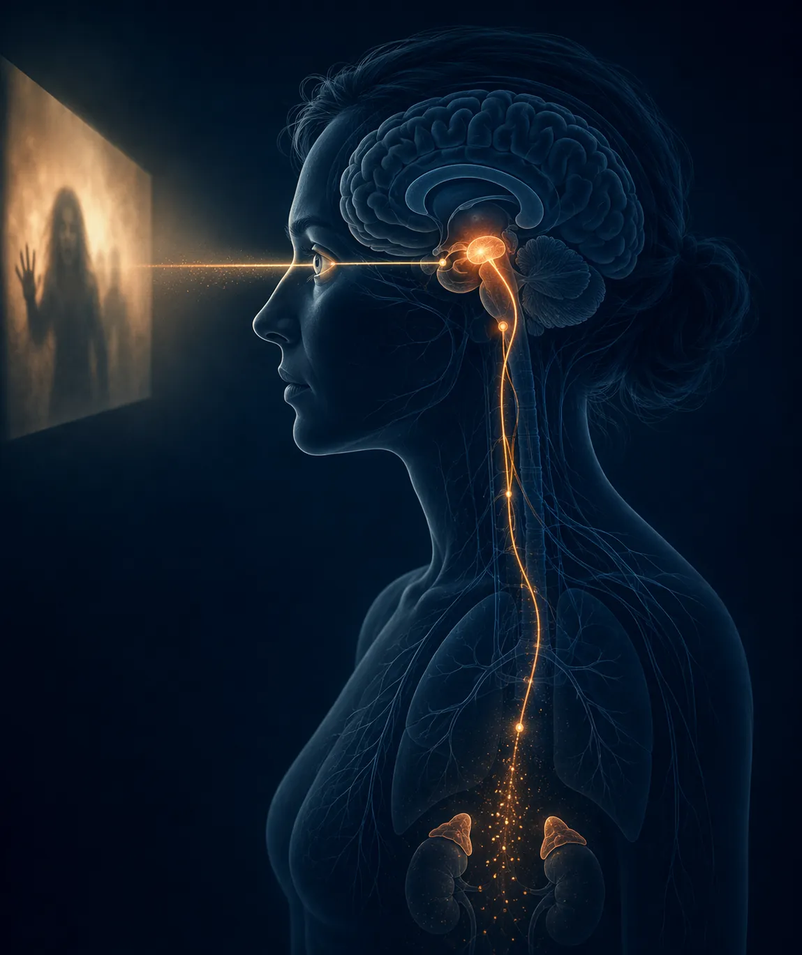 Medical-style illustration of a fear signal traveling from screen exposure through the amygdala and HPA axis