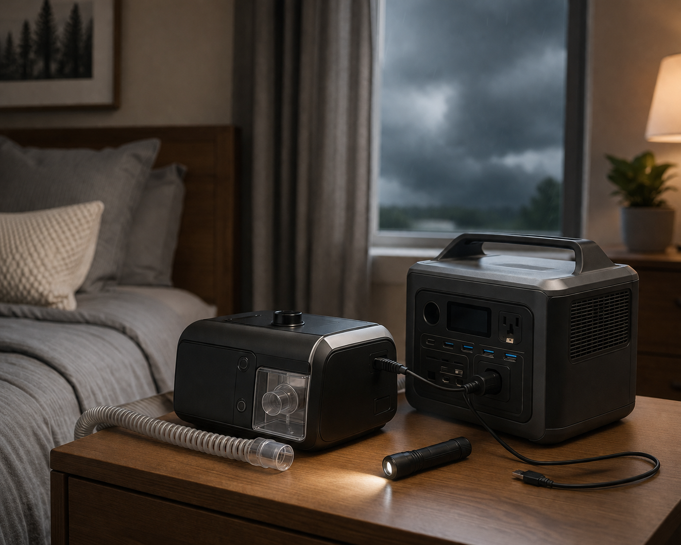 CPAP machine connected to a portable battery station with humidifier chamber empty and heated tubing disconnected