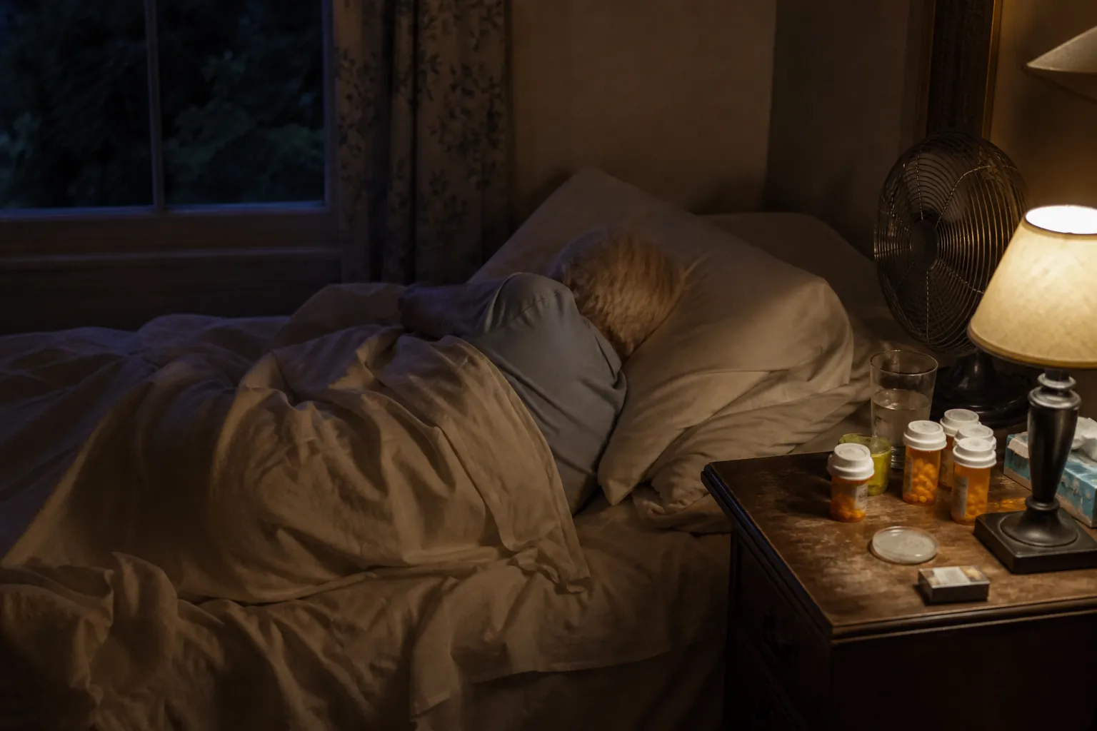Older adult trying to sleep in a hot bedroom with prescription bottles, water, and a small fan on the nightstand