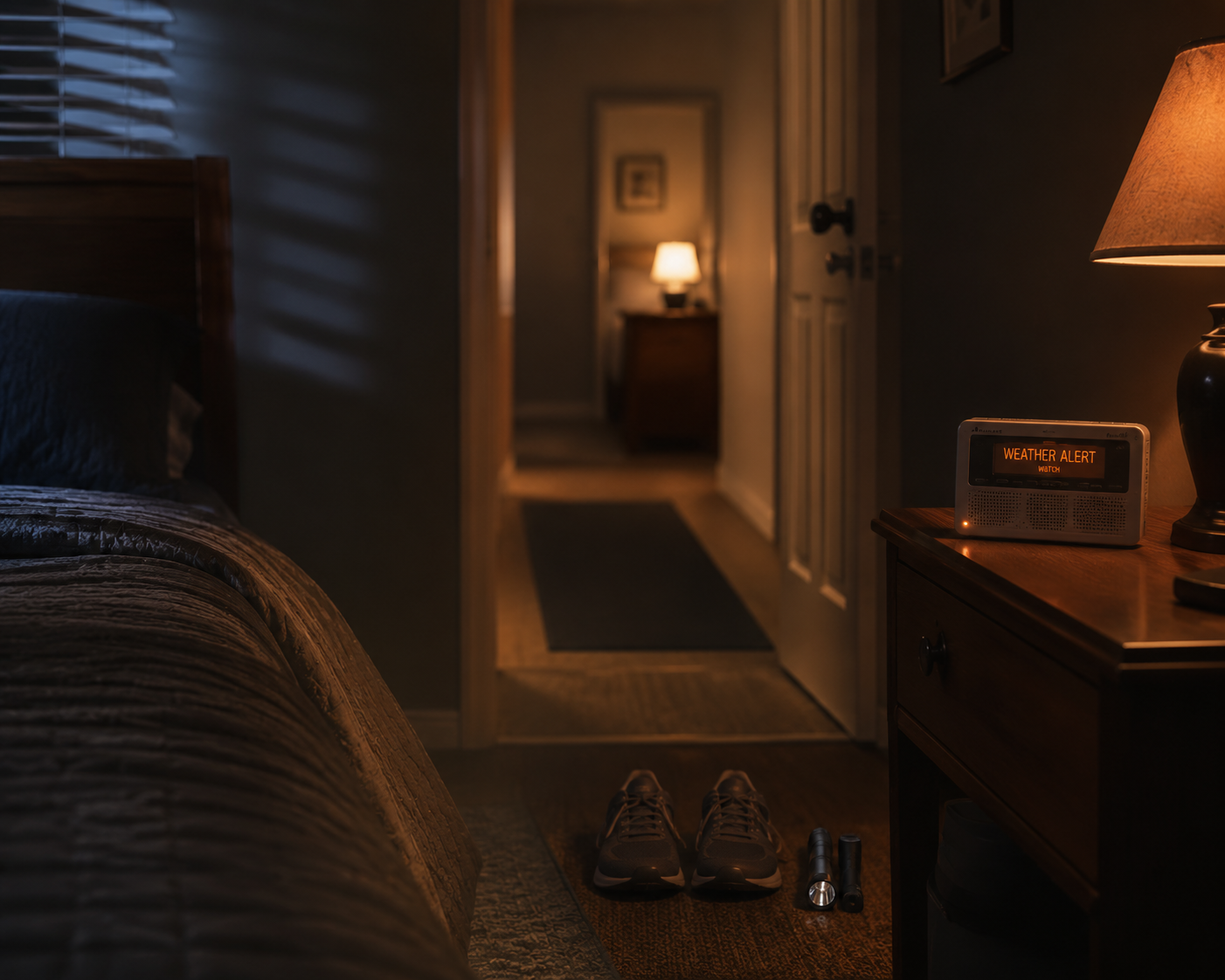 A calmly prepared bedroom with a weather radio on the nightstand, shoes and a flashlight beside the bed, and a clear route to an interior hallway.