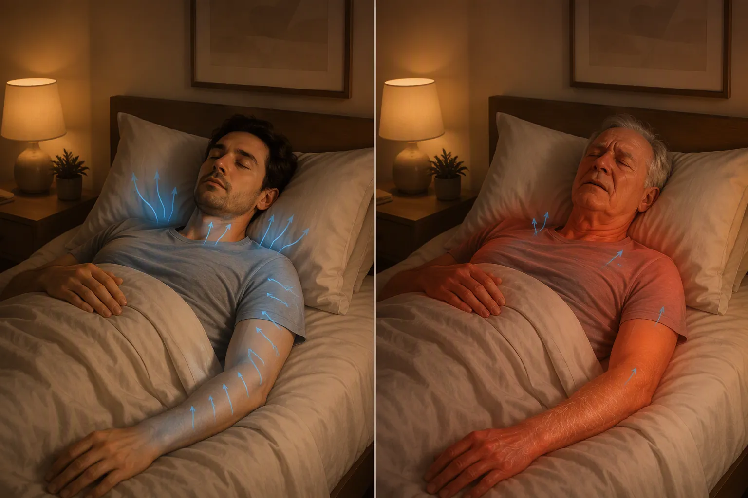 Illustration comparing efficient heat dissipation in a younger sleeper with diminished thermoregulation in an older sleeper