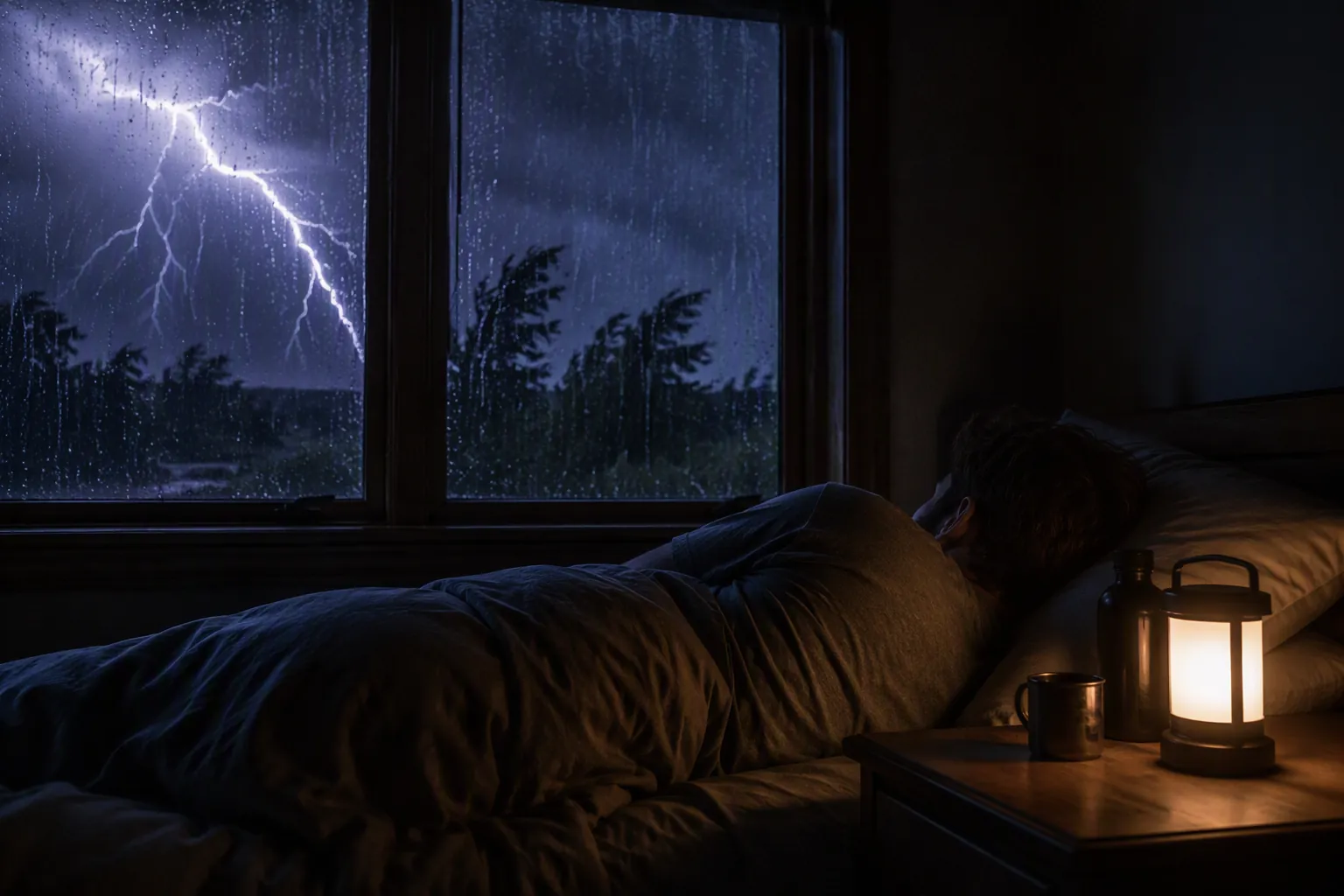 Dim bedroom during a thunderstorm with a battery lantern on the nightstand and no candles