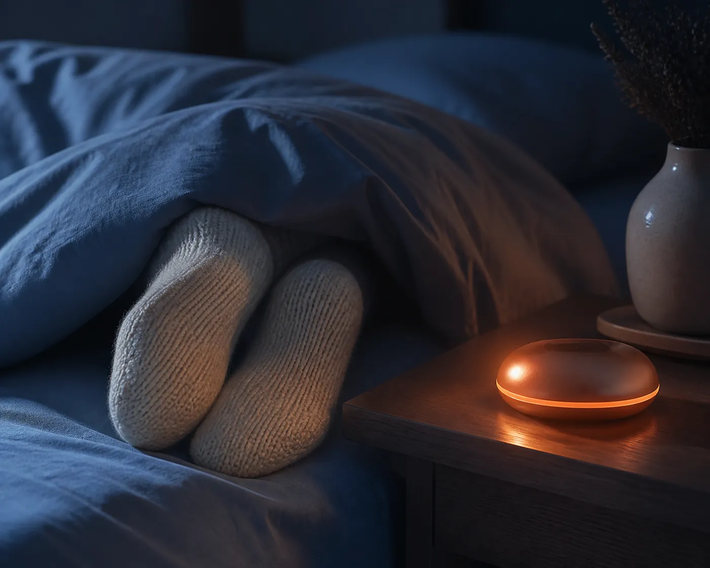 Feet in loose bed socks under a duvet with a hand warmer kept away from the bedding on a nightstand