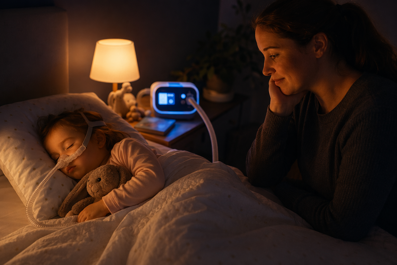 A toddler sleeping peacefully with a small pediatric nasal CPAP mask while a parent sits nearby and a CPAP machine glows on the nightstand.