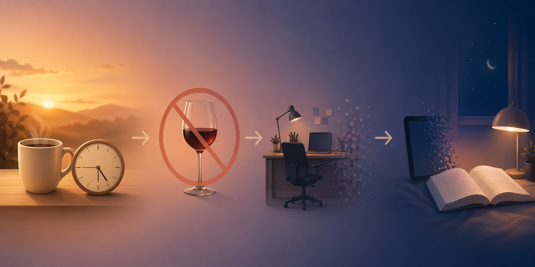 A wind-down timeline showing the evening sequence from caffeine to screens to bedtime.