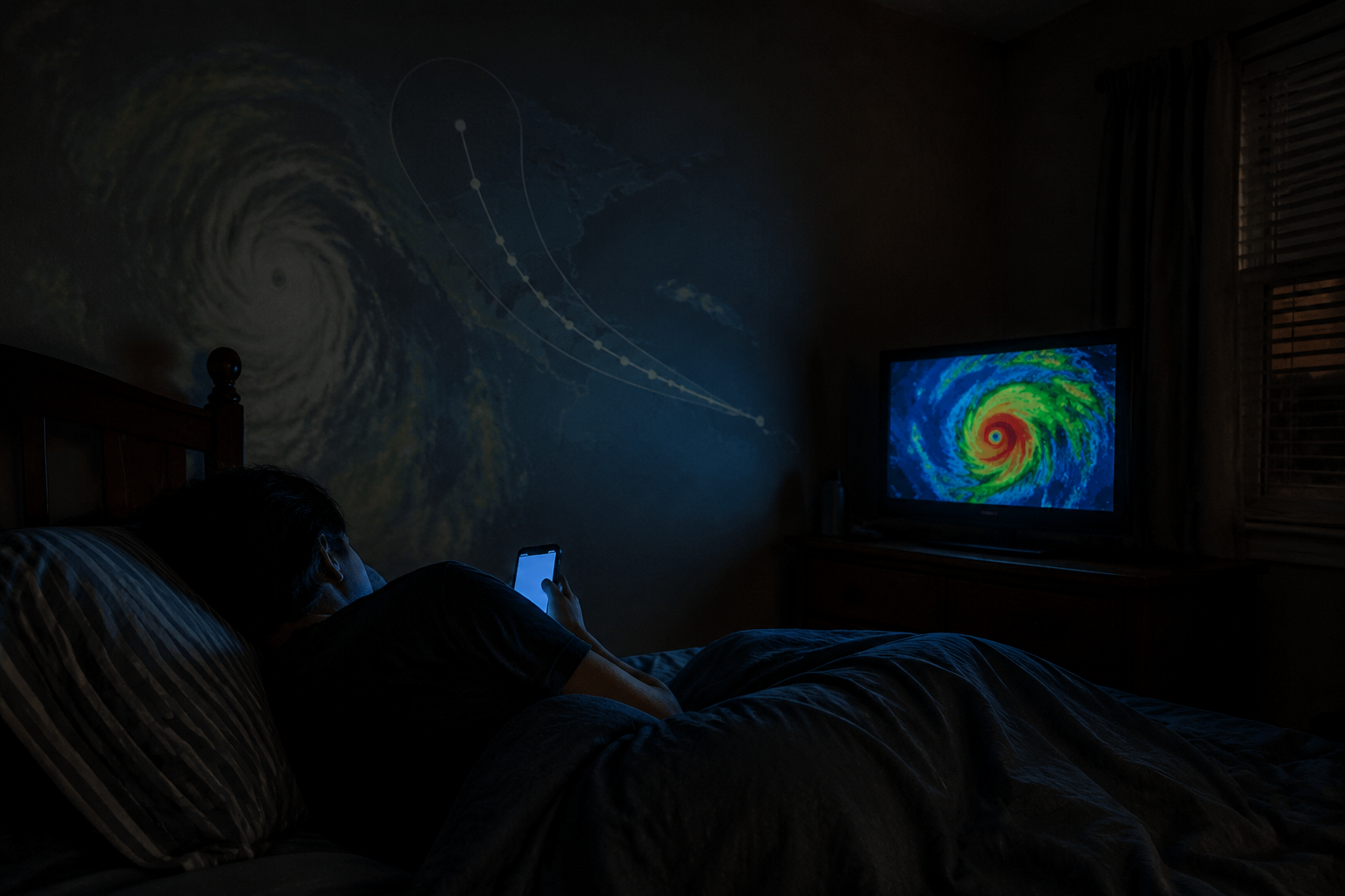 Person lying awake in a dark bedroom lit by a smartphone and weather radar during a hurricane forecast