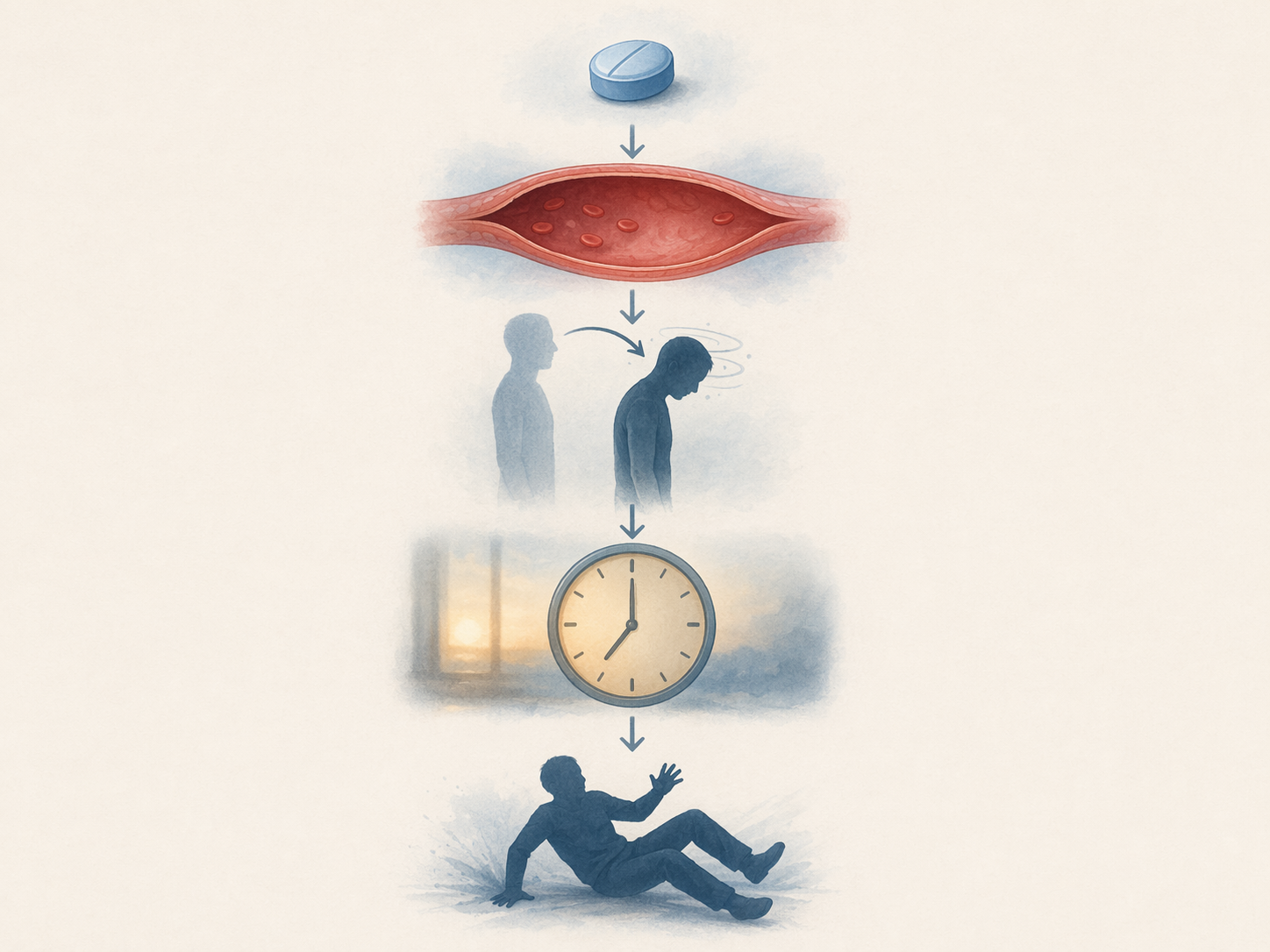 Illustration showing a pill leading to blood vessel relaxation, morning grogginess, and a fall